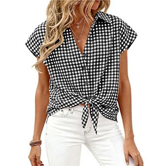 Women's Plaid Print Short Sleeve Shirt Summer Casual Tie Knot Button Down Top Loose Fit Soft Blouse