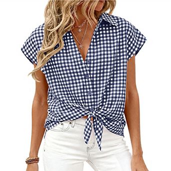 Women's Plaid Print Short Sleeve Shirt Summer Casual Tie Knot Button Down Top Loose Fit Soft Blouse
