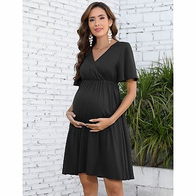 Women's Surplice V‑Neck Flutter Sleeve Maternity Casual Dress