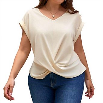 Women's Plus Size Summer Short Sleeve Twist Front Shirt V Neck Casual Top Loose Fit Blouse