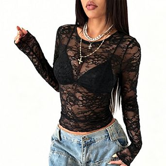 Women's Summer Lace Sheer Long Sleeve Shirt Round Neck Crop Casual Top Slim Fit Blouse