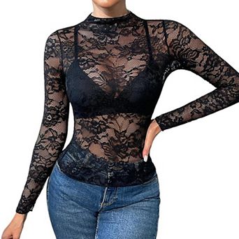 Women's Floral Lace Sheer Long Sleeve Shirt Summer Casual Mock Neck Top Soft Slim Fit Blouse