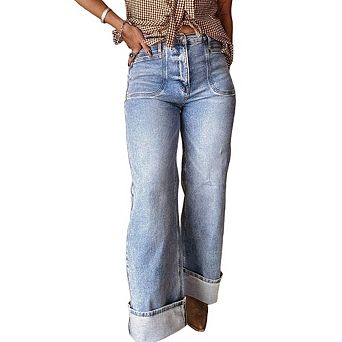 Women High-Rise Cuffed Wide Leg Jeans Light Wash Denim