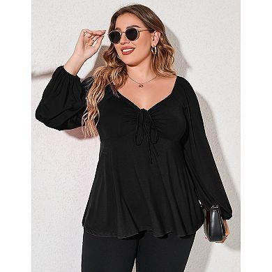 Plus Size Drawstring Bust Long Sleeve Peplum Top