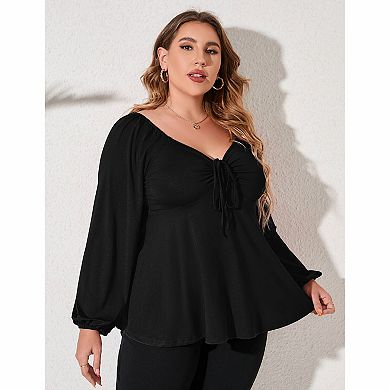 Plus Size Drawstring Bust Long Sleeve Peplum Top