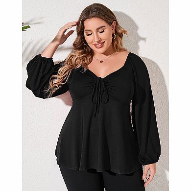 Plus Size Drawstring Bust Long Sleeve Peplum Top