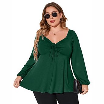 Plus Size Drawstring Bust Long Sleeve Peplum Top