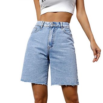 Bermuda Jorts Baggy Jeans Casual Loose Fit Wide Leg Knee Length Denim Shorts with Elastic Waist