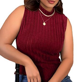 Women's Plus Size Ribbed Knit Mock Neck Tank Top Summer Casual Sleeveless Shirt Slim Fit Blouse