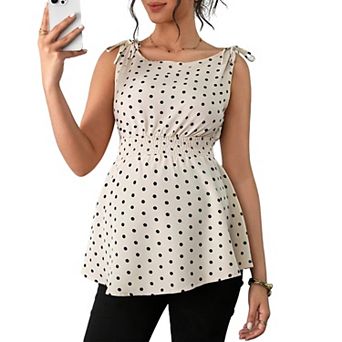 Women Maternity Tie Straps Polka Dot Smocked Waist Tank Top Summer Casual Crew Neck Sleeveless Shirt