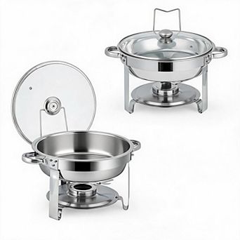 2-Pack Round Food Warmer Chafing Dish, Stainless Steel Buffet Server with Transparent Glass Lid