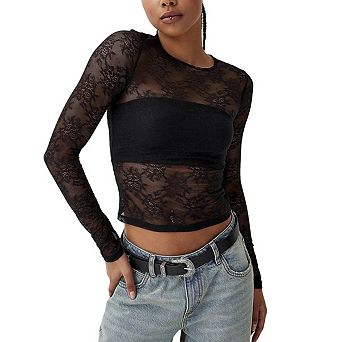 Women's Asymmetrical Draped Neck Sheer Lace Long Sleeve Crop Top Soft Stretchy Casual Blouse Shirt