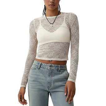 Women's Asymmetrical Draped Neck Sheer Lace Long Sleeve Crop Top Soft Stretchy Casual Blouse Shirt