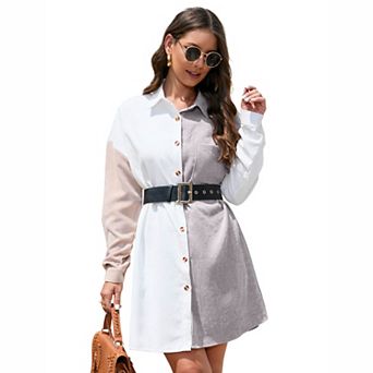 Women's Color Block Corduroy Shirt Dress with Belt