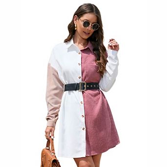 Women's Color Block Corduroy Shirt Dress with Belt