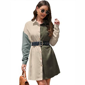 Women's Color Block Corduroy Shirt Dress with Belt
