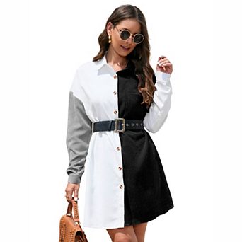 Women's Color Block Corduroy Shirt Dress with Belt
