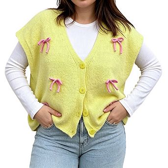 Womens Knit V Neck Vest With Bow Appliques Button Front Casual Cardigan Top