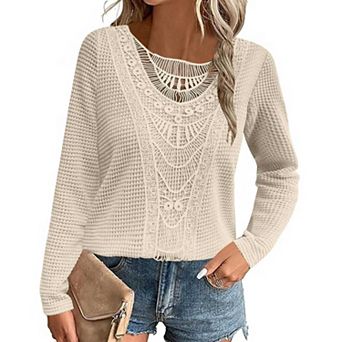 Women's Crochet Lace Waffle Knit Top Long Sleeve Scoop Neck Boho Fall Shirt Casual Blouse