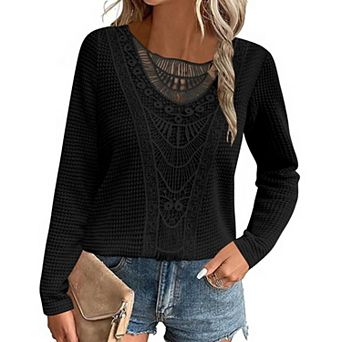 Women's Crochet Lace Waffle Knit Top Long Sleeve Scoop Neck Boho Fall Shirt Casual Blouse