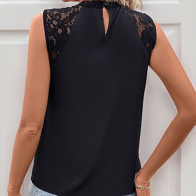 Women's Lace Sleeveless Blouse Mock Neck Pleated Front Work Top Business Casual Shirt