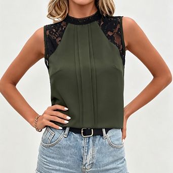 Women's Lace Sleeveless Blouse Mock Neck Pleated Front Work Top Business Casual Shirt