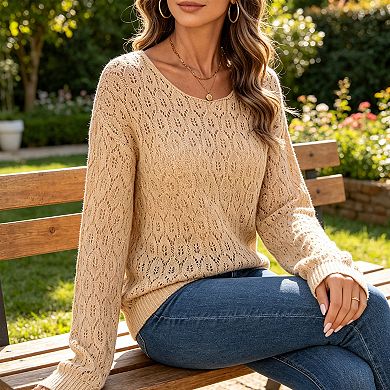 Women's Eyelet Knit Sweater Crew Neck Casual Fit Pullover Layering Top