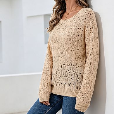 Women's Eyelet Knit Sweater Crew Neck Casual Fit Pullover Layering Top