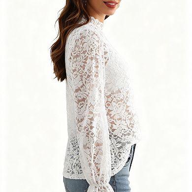 Women's Floral Lace Sheer Blouse Long Sleeve Romantic Top Elegant Shirt
