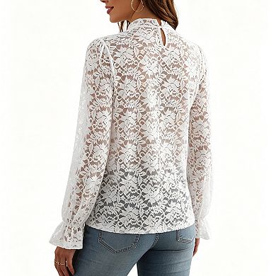 Women's Floral Lace Sheer Blouse Long Sleeve Romantic Top Elegant Shirt