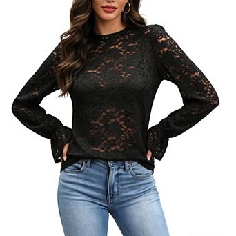 Women's Floral Lace Sheer Blouse Long Sleeve Romantic Top Elegant Shirt