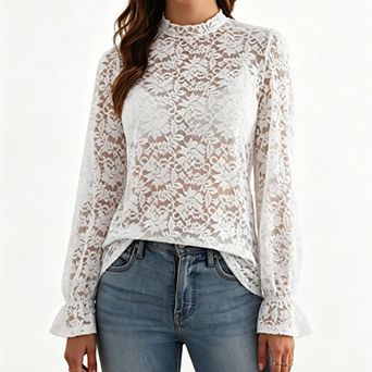 Women's Floral Lace Sheer Blouse Long Sleeve Romantic Top Elegant Shirt
