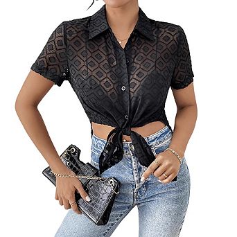 Women's Adjustable Front Tie Sheer Lace Shirt Collar Short Sleeve Button Up Summer Beach Blouse