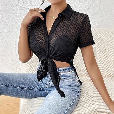 Women's Adjustable Front Tie Sheer Lace Shirt Collar Short Sleeve Button Up Summer Beach Blouse