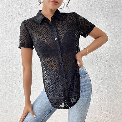 Women's Adjustable Front Tie Sheer Lace Shirt Collar Short Sleeve Button Up Summer Beach Blouse
