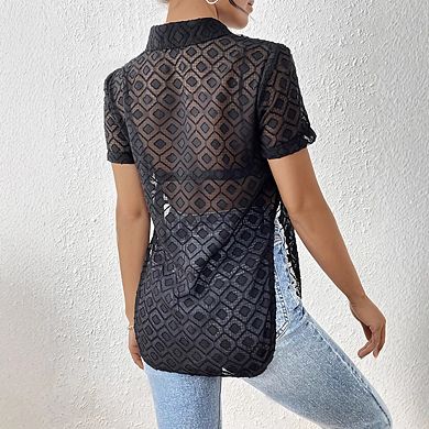 Women's Adjustable Front Tie Sheer Lace Shirt Collar Short Sleeve Button Up Summer Beach Blouse