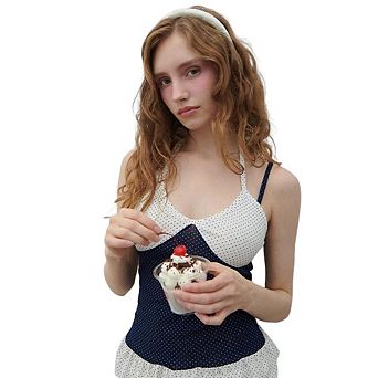 Women's Polka Dot Halter Cami Top Ruffle Hem Sleeveless Blouse Summer Top