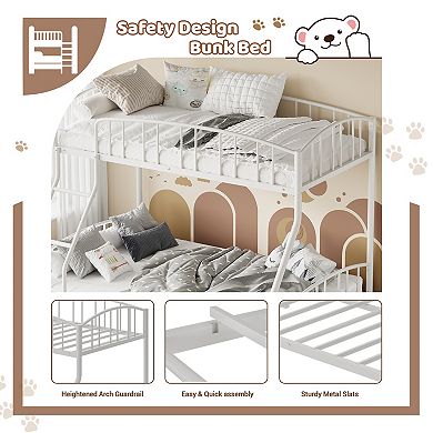 Twin Over Full Metal Bunk Bed, Durable Heavy Duty Steel Frame, Sturdy Arched Guardrail & Ladder
