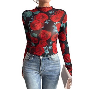 Women's Print Sheer Mesh Top High Neck Long Sleeve Romantic Blouse Night & Evening Shirt