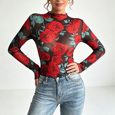Women's Print Sheer Mesh Top High Neck Long Sleeve Romantic Blouse Night & Evening Shirt