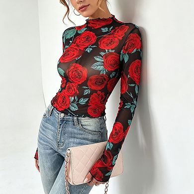 Women's Print Sheer Mesh Top High Neck Long Sleeve Romantic Blouse Night & Evening Shirt