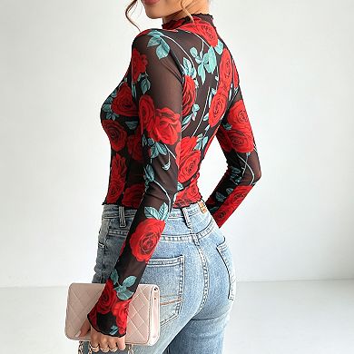 Women's Print Sheer Mesh Top High Neck Long Sleeve Romantic Blouse Night & Evening Shirt