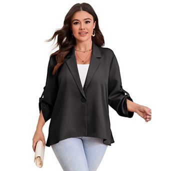 GlowSol Womens Plus Size Long Sleeve Lapel Collar Draped Open Front Flowy Work Office Blazers