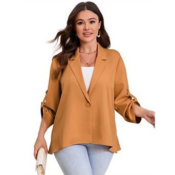 GlowSol Womens Plus Size Long Sleeve Lapel Collar Draped Open Front Flowy Work Office Blazers