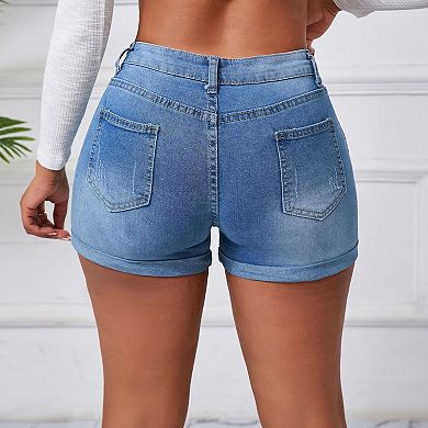 Women's High Waisted Ripped Denim Shorts Stretchy Rolled Hem Casual Pants