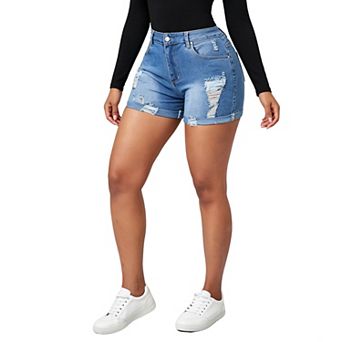 Women's High Waisted Ripped Denim Shorts Stretchy Rolled Hem Casual Pants