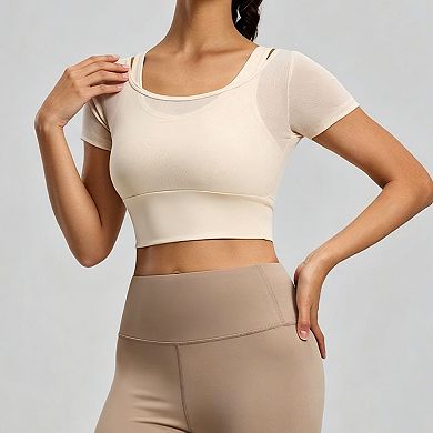 Women's Mesh Short Sleeve Workout Crop Top Yoga Shirt for Running