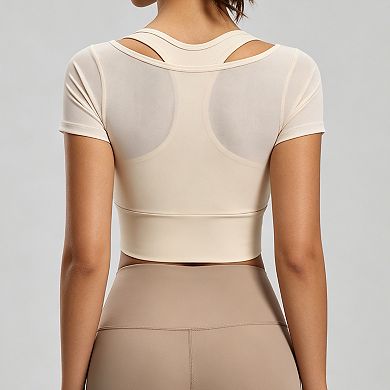 Women's Mesh Short Sleeve Workout Crop Top Yoga Shirt for Running