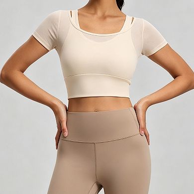 Women's Mesh Short Sleeve Workout Crop Top Yoga Shirt for Running