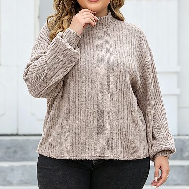 Plus Size Women's Ribbed Knit Mock Neck Top Loose Long Sleeve Casual Blouse